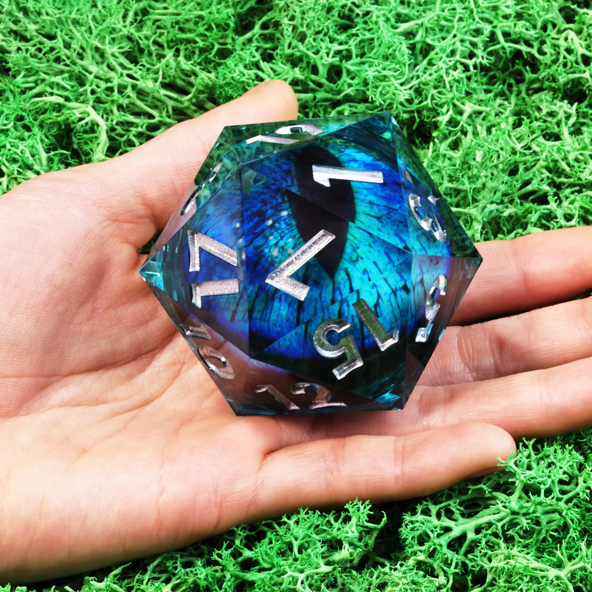 50mm Sharp Edge Polyhedral Sky Blue Dragon Eye Large 20 Sided D&D Dice - Image 5