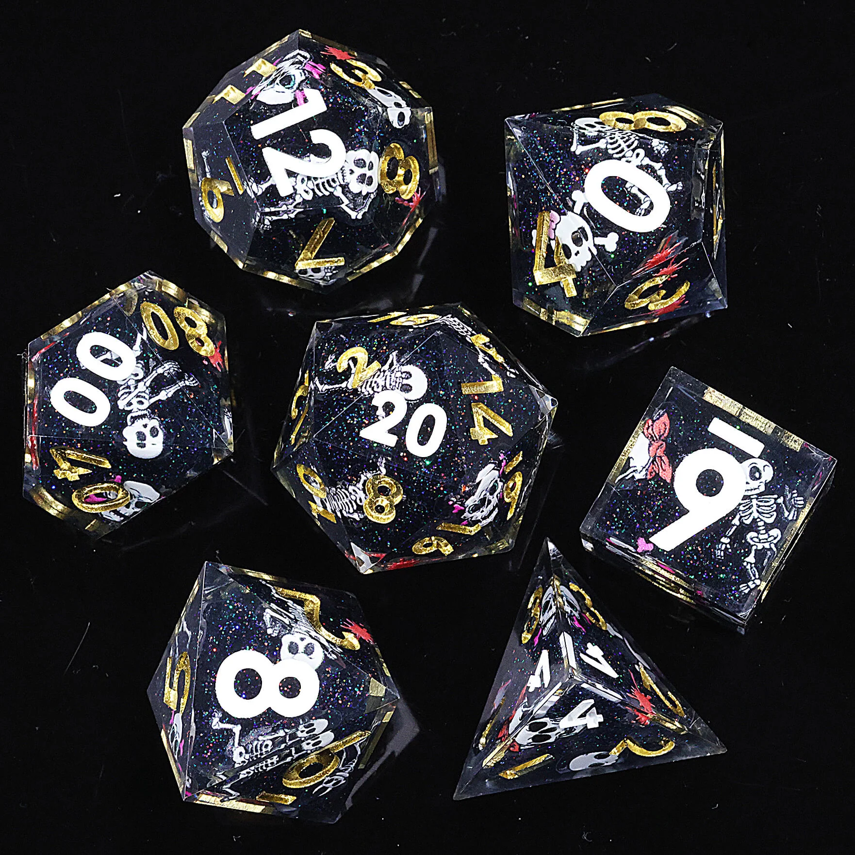 7 Piece Polyhedral DD Dice Set Cute Skull Black - Image 5