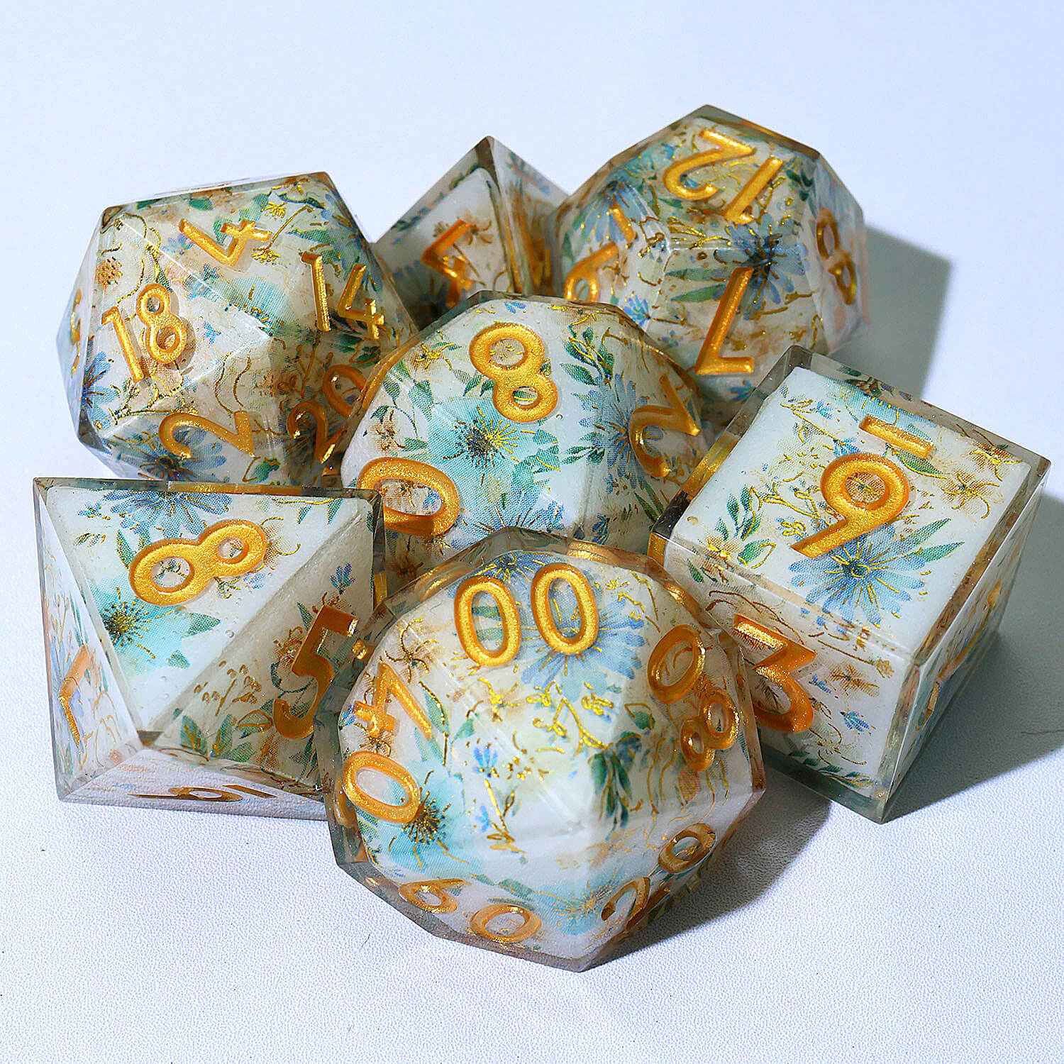 7 Piece Polyhedral Dice Set D&D Blue Flower