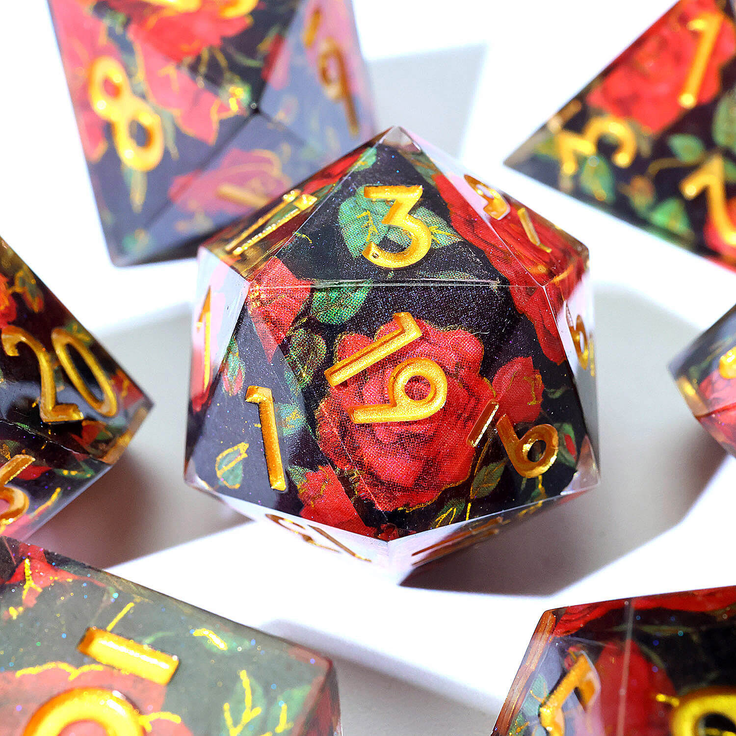 7 Piece Polyhedral Dice Sets D&D Red Flower Black - Image 2