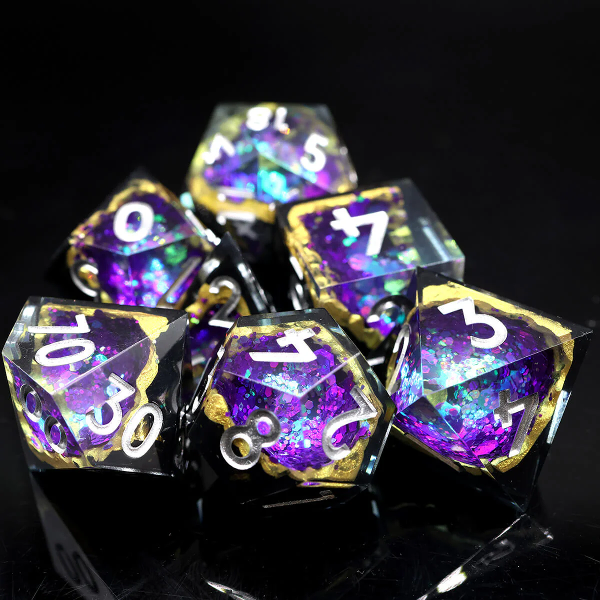 7-Piece Sharp Edge Blue Purple Geode Dice Set for DND - Image 6