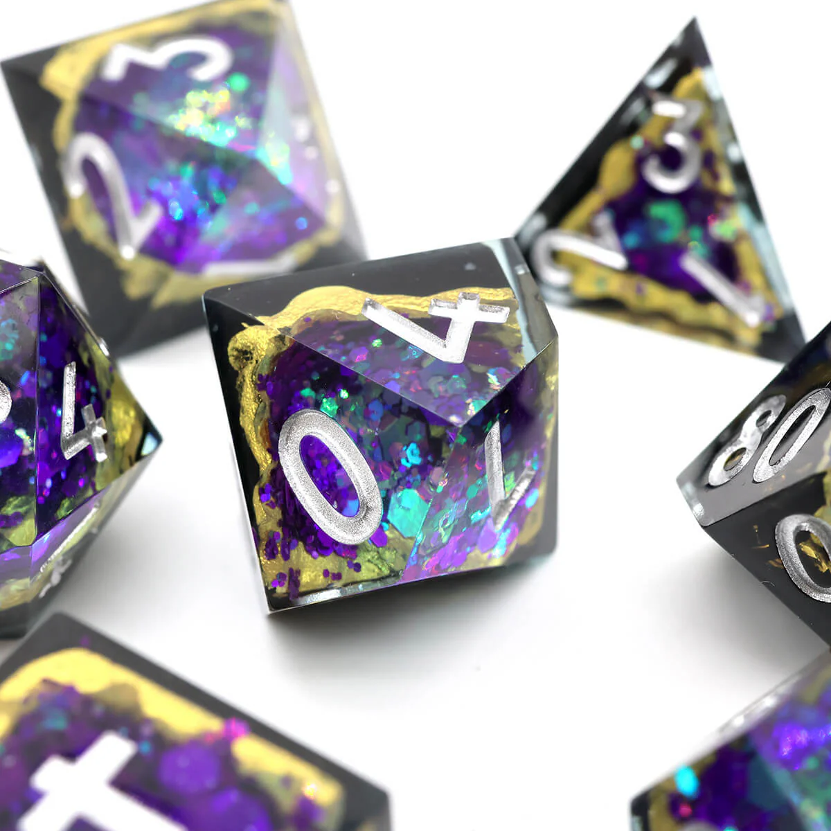7-Piece Sharp Edge Blue Purple Geode Dice Set for DND - Image 9