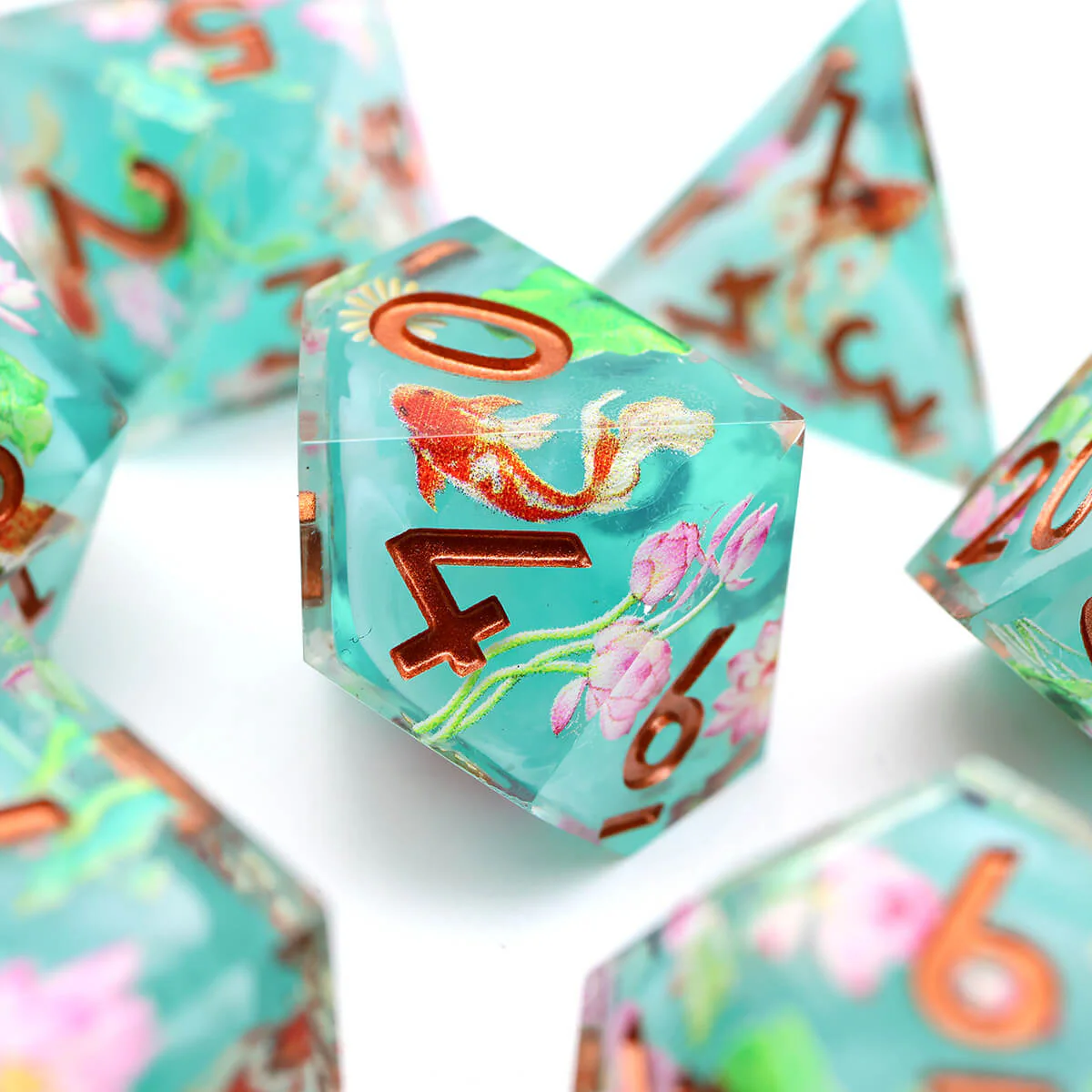 7-Piece Sharp Edge Layered Lotus Flower DND Dice Set - Image 2