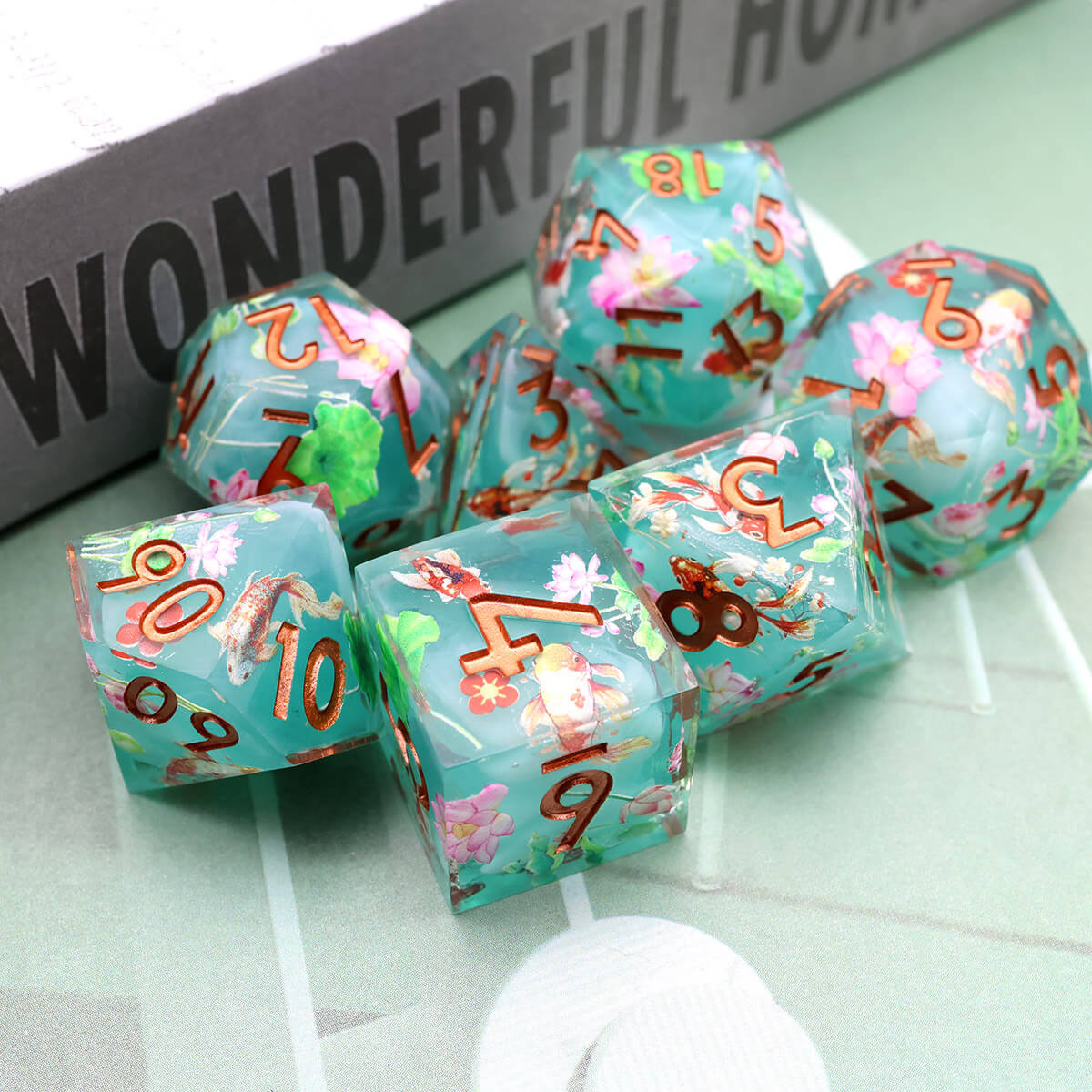 7-Piece Sharp Edge Layered Lotus Flower DND Dice Set - Image 5