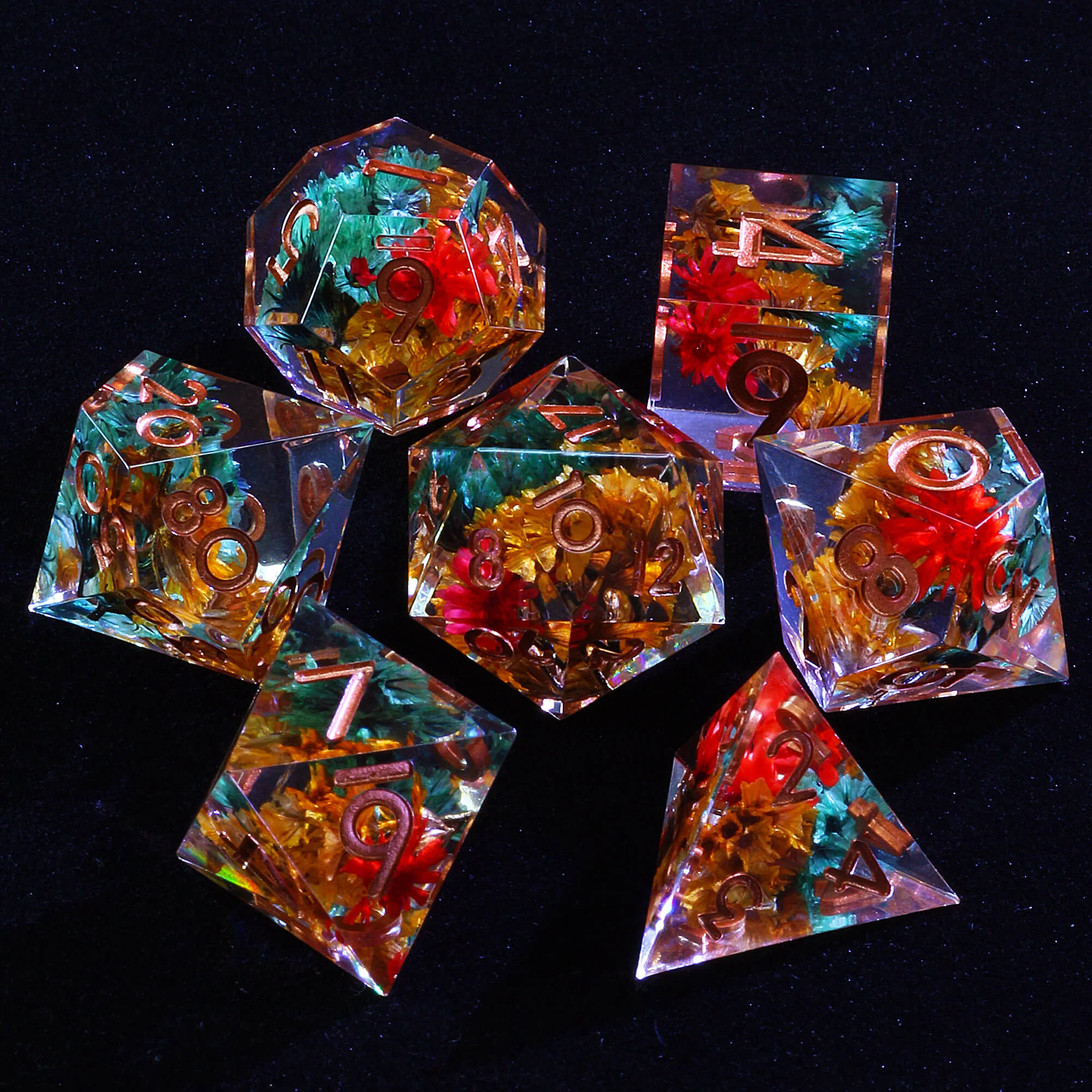 7 Polyhedral Resin DD Set of Dice Red Yellow Flower - Image 2