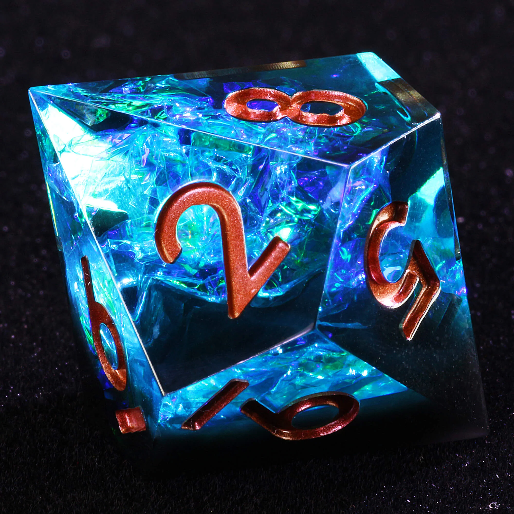 7 Polyhedral Resin DnD Set of Dice Glitter Paper Blue - Image 6