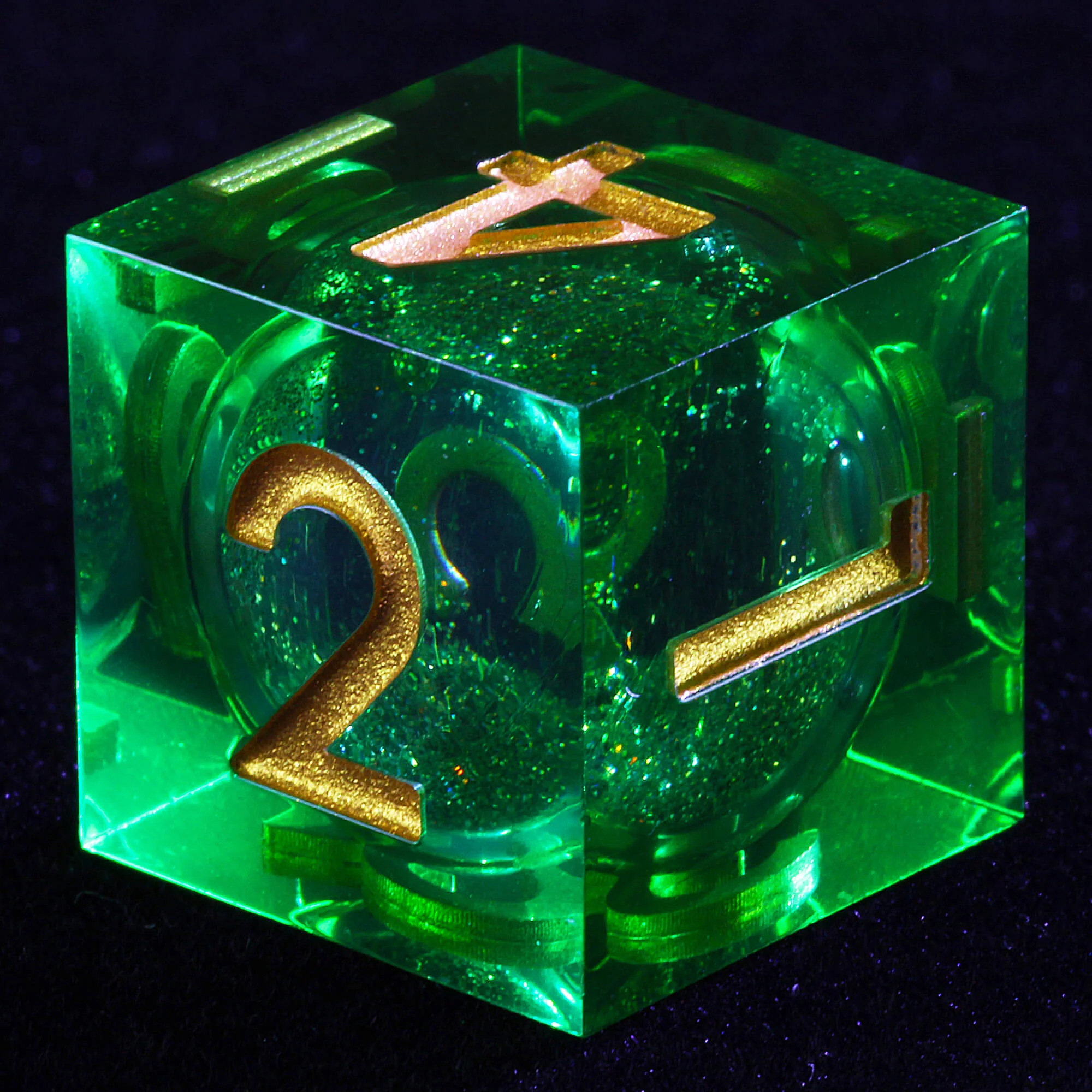 7 Polyhedral Resin Glitter Liquid Core D&D Set Dice Green - Image 3