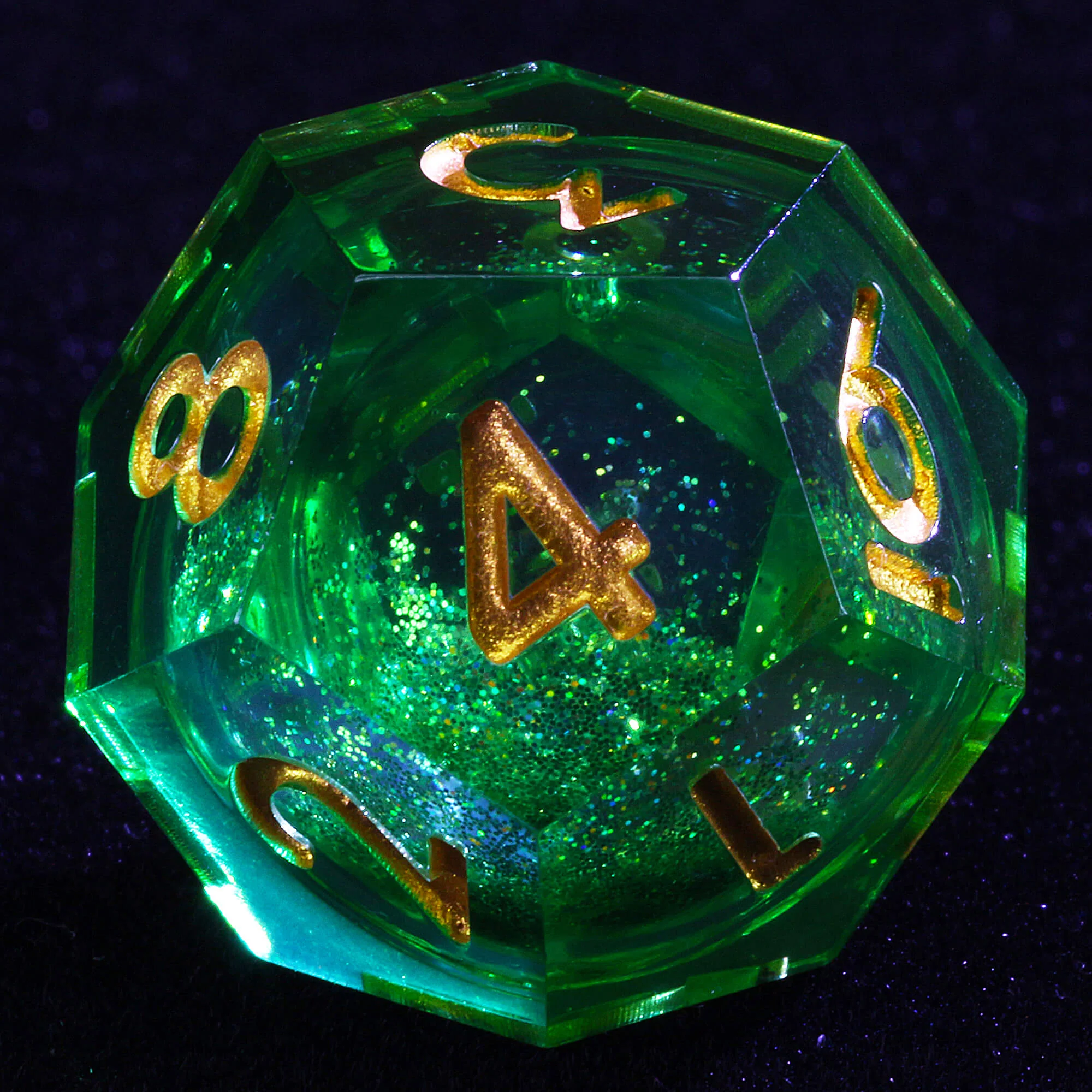 7 Polyhedral Resin Glitter Liquid Core D&D Set Dice Green - Image 7