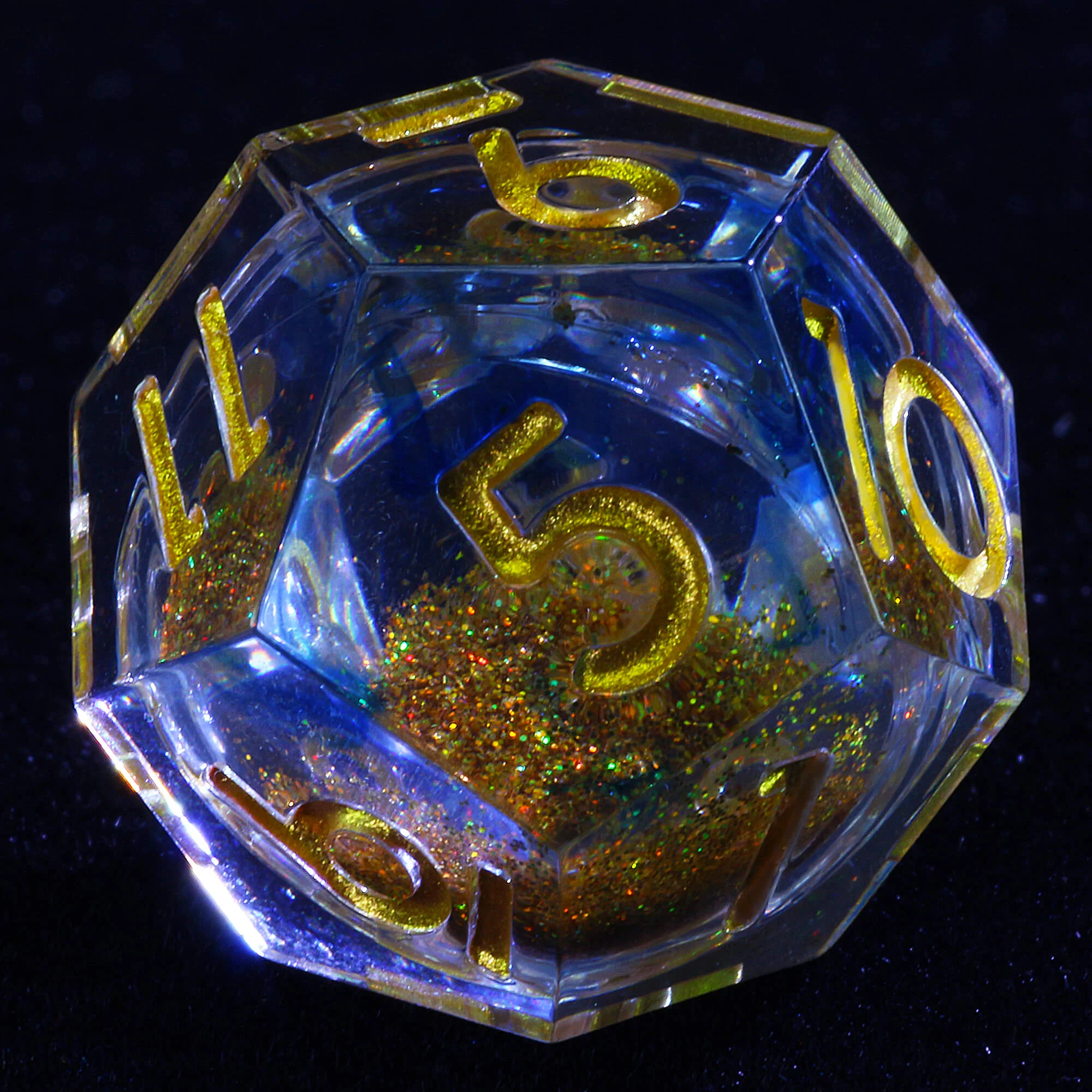 7 Polyhedral Resin Gold Liquid Core D and D Dice Set Blue - Image 7