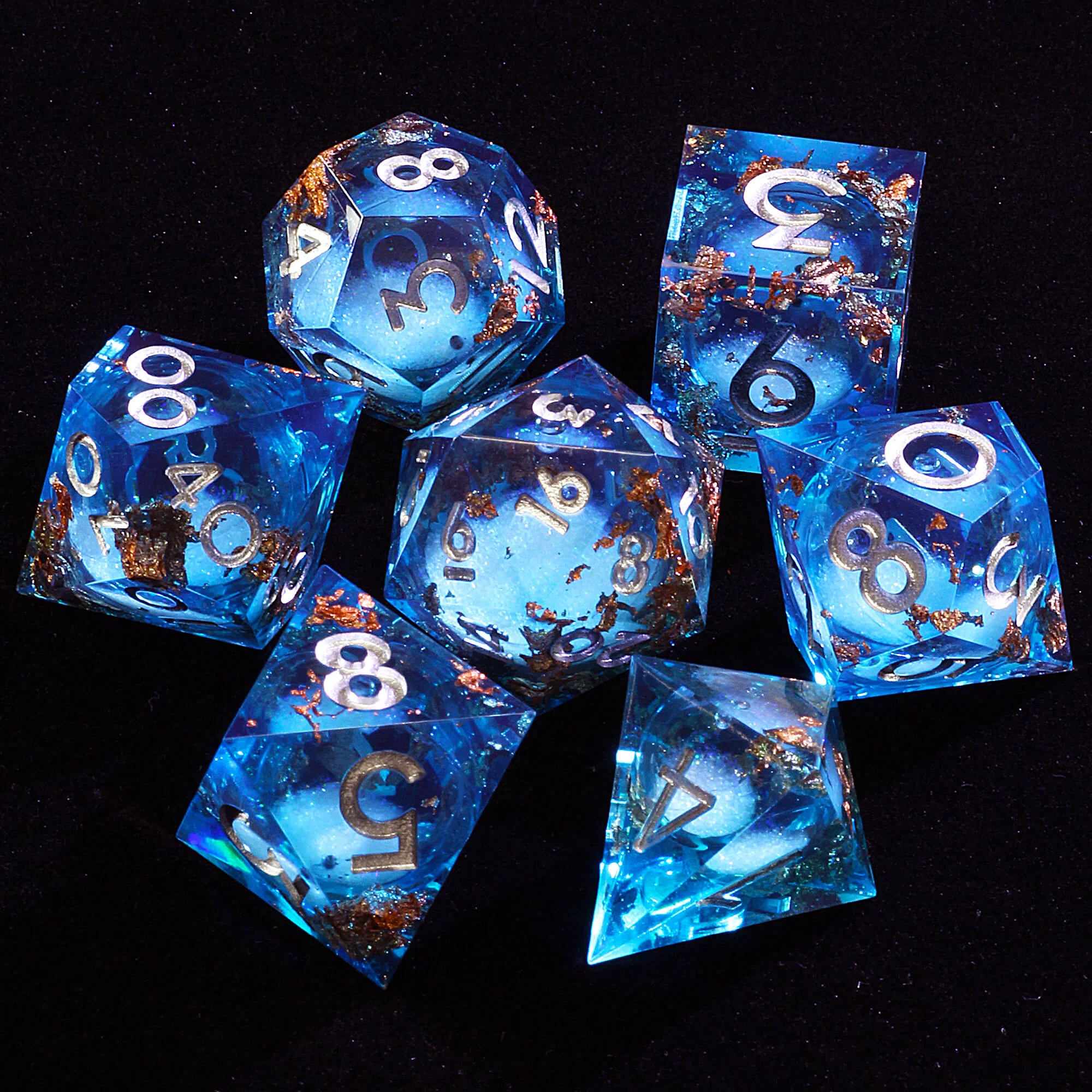 7 Polyhedral Resin Liquid Core DD Dice Set Blue - Image 2