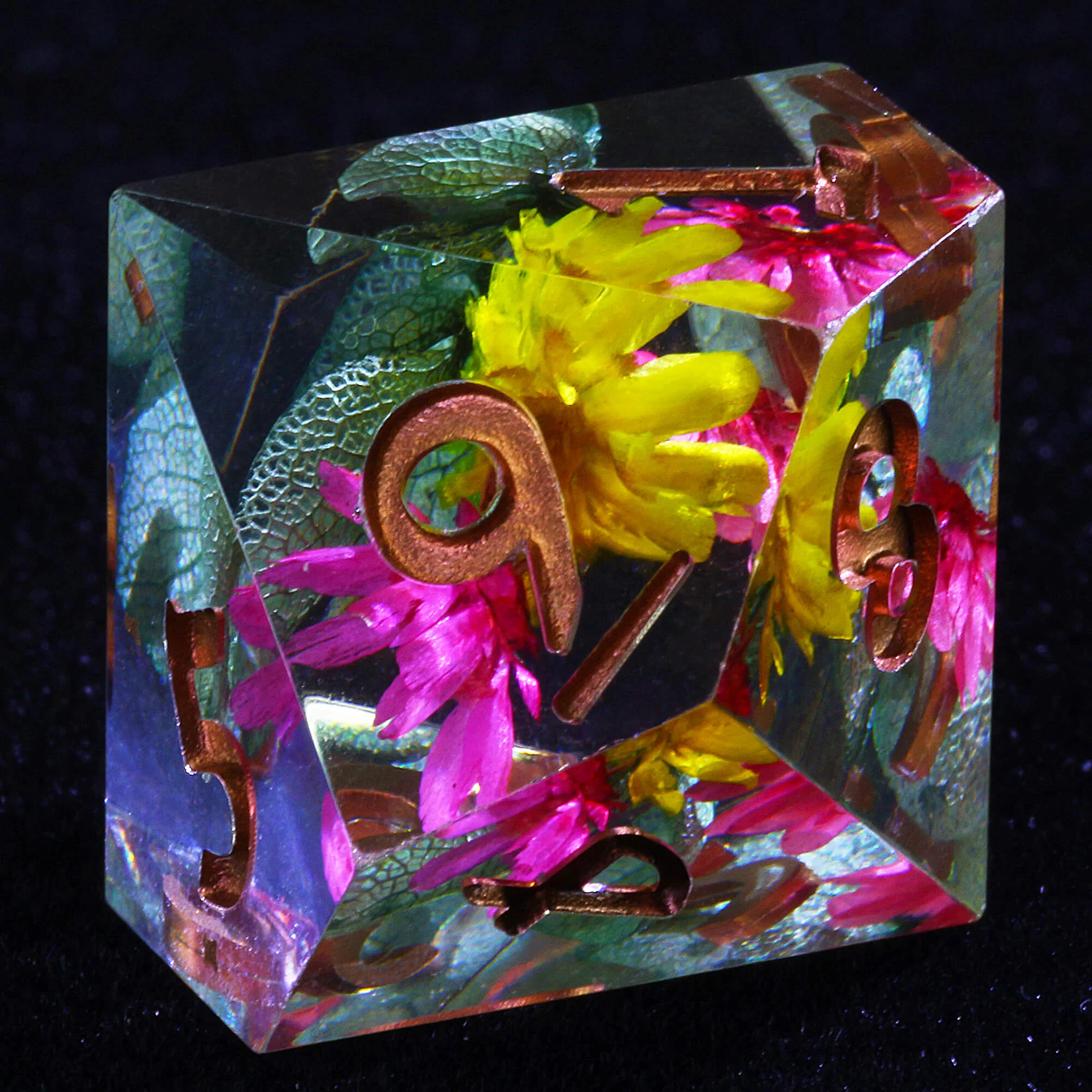 7 Polyhedral Resin Set of Dice D&D Pink Yellow Flower - Image 6