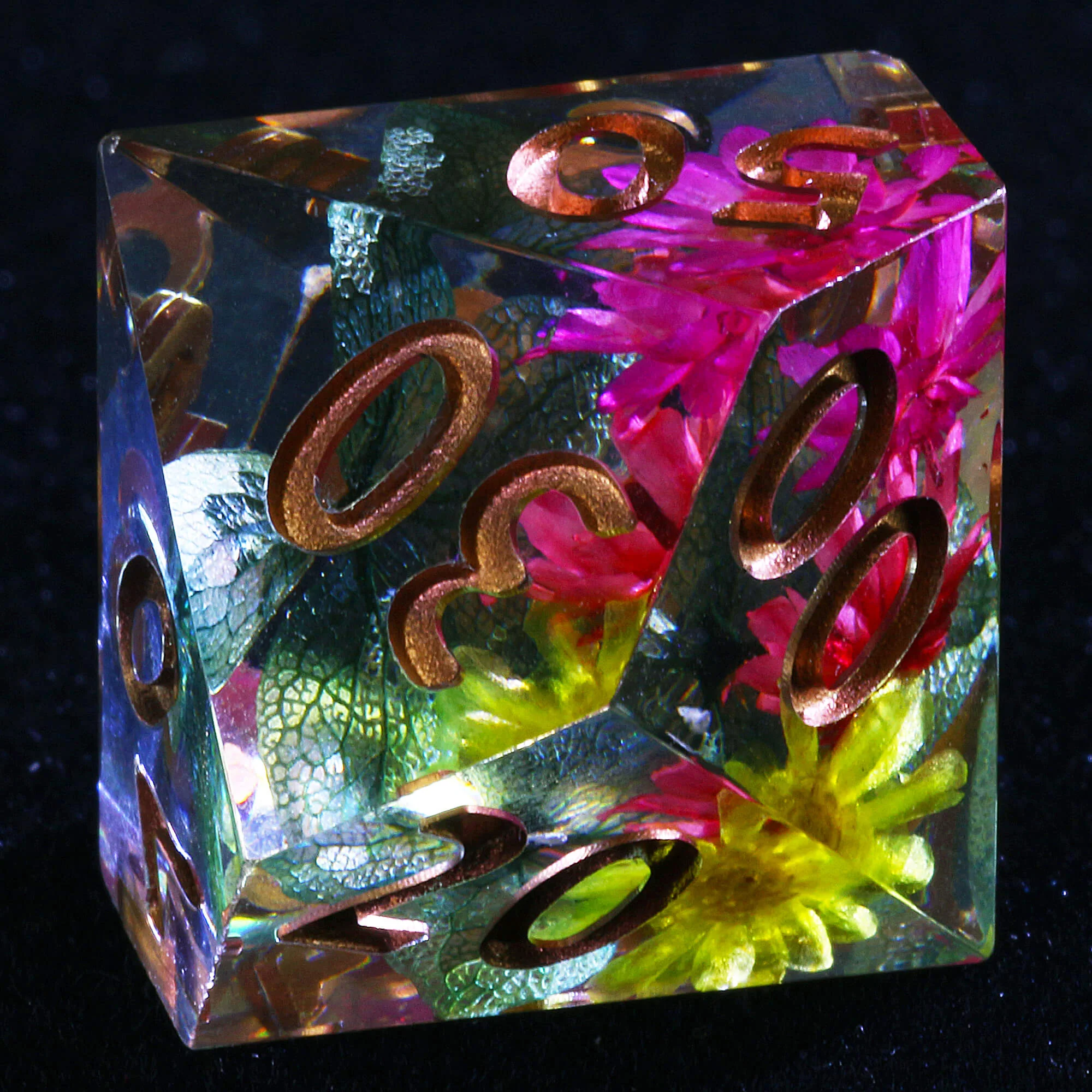 7 Polyhedral Resin Set of Dice D&D Pink Yellow Flower - Image 8
