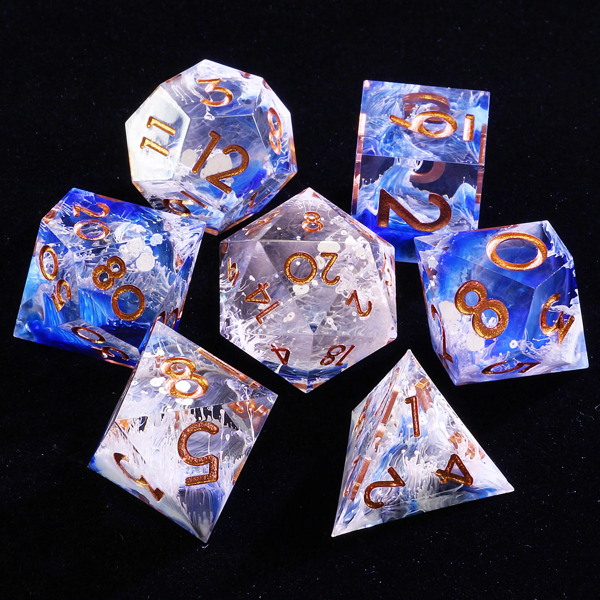 7 Polyhedral Resin Set of Dice DnD Wave Blue - Image 2