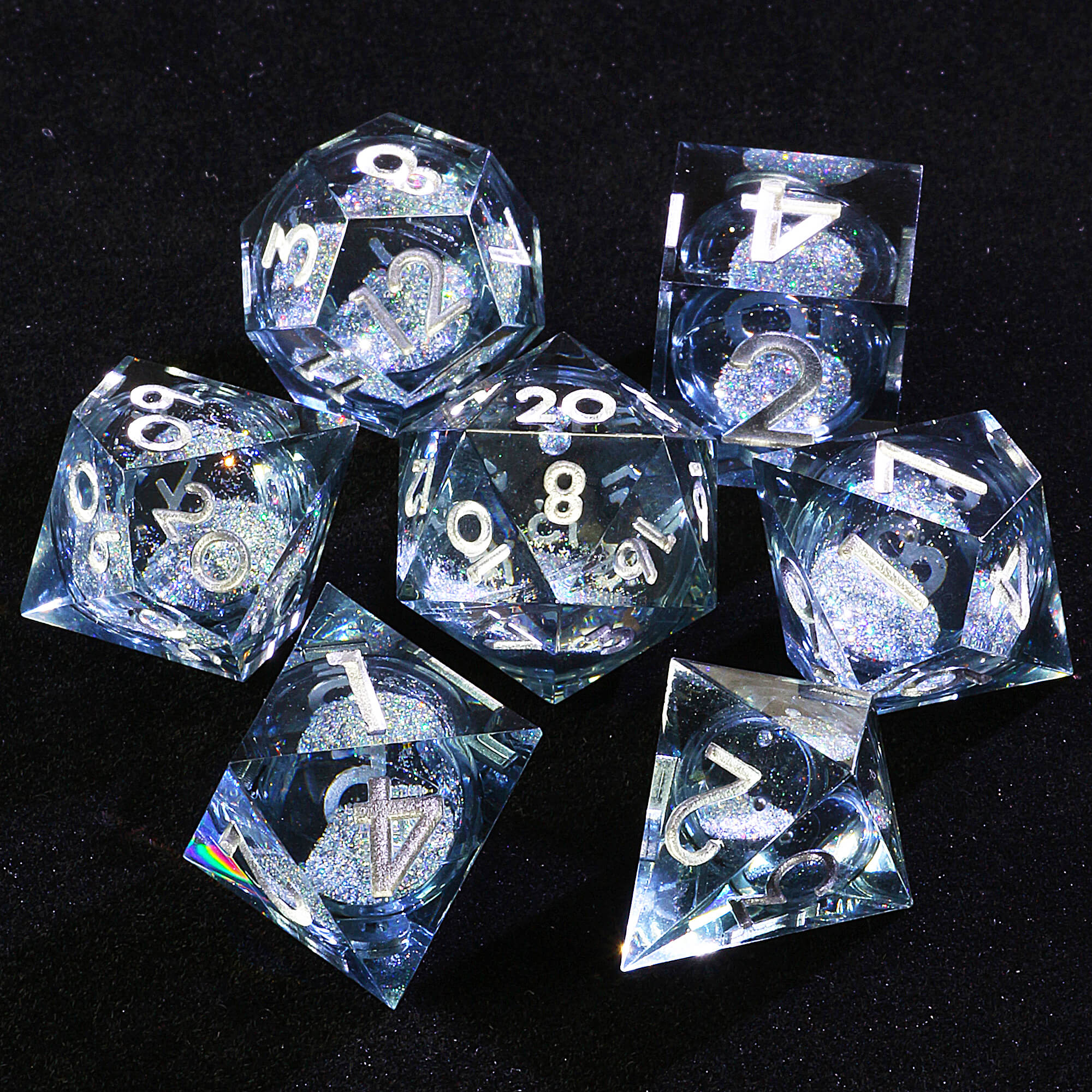 7 Polyhedral Resin Silver Liquid Core Set Dice D&D Black - Image 2