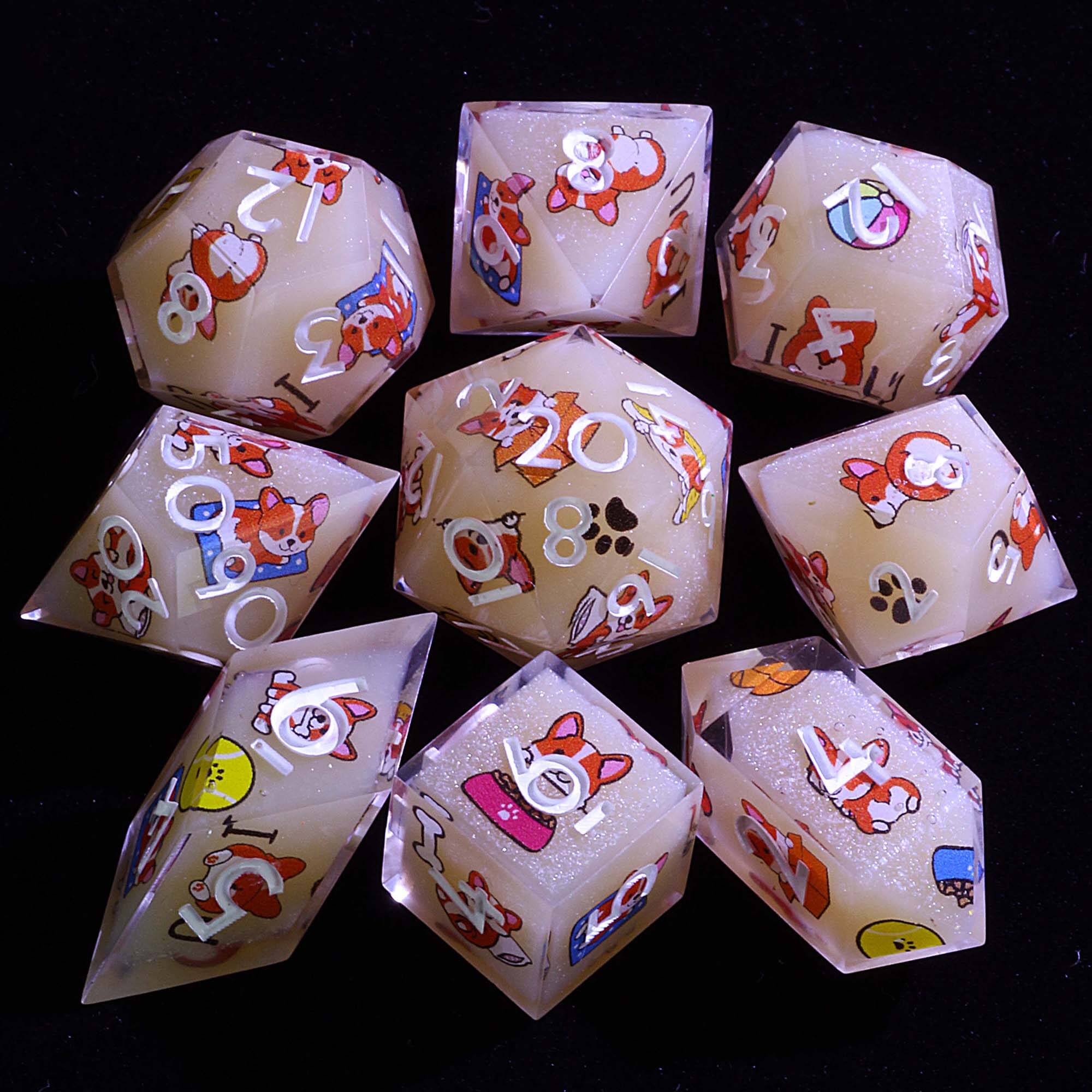 9 Polyhedral Dice Sets D and D Corgi Cream Tea