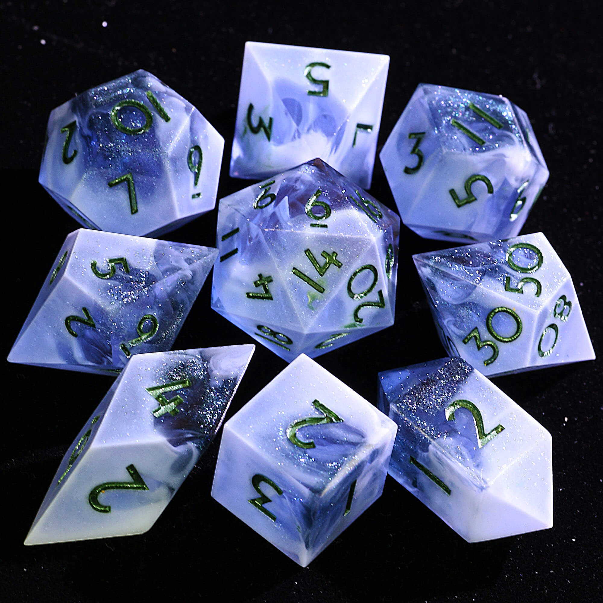 9 Polyhedral Resin D&D Dice Sets Starry Clouds at Night