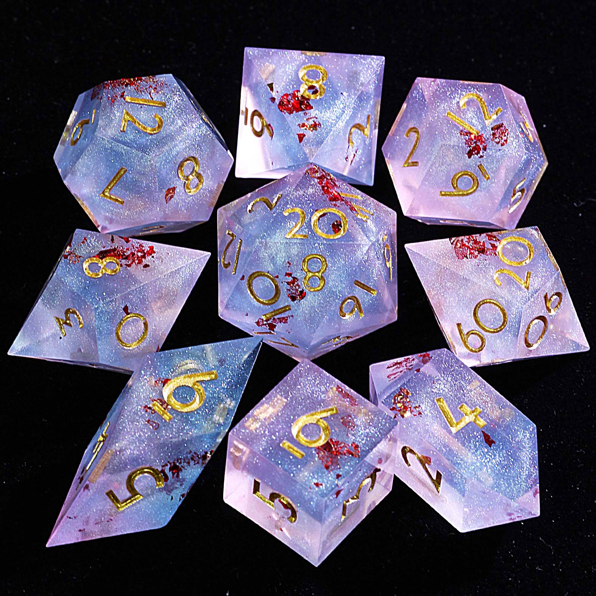 9 Polyhedral Resin DnD Sets of Dice Swirl with Red Gold Foil
