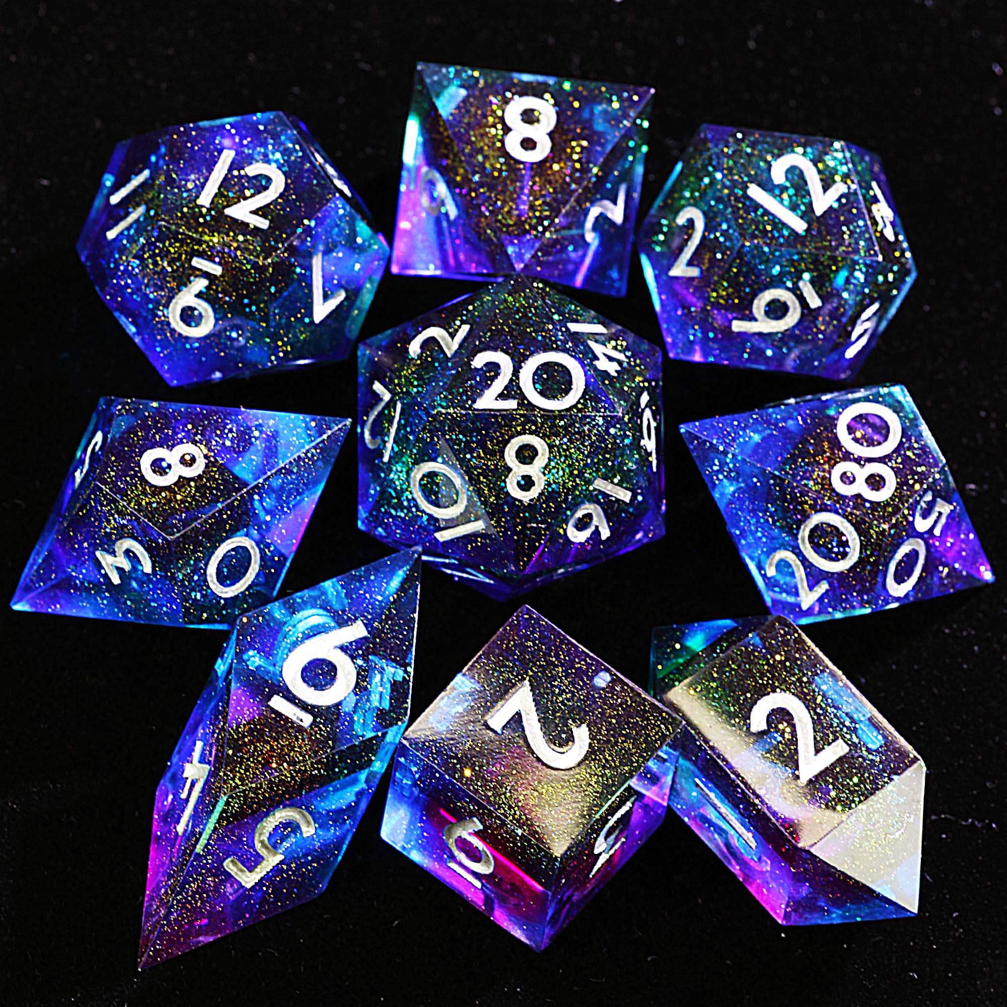 9 Polyhedral Resin Set DnD Dice Rainbow Holographic Swirl