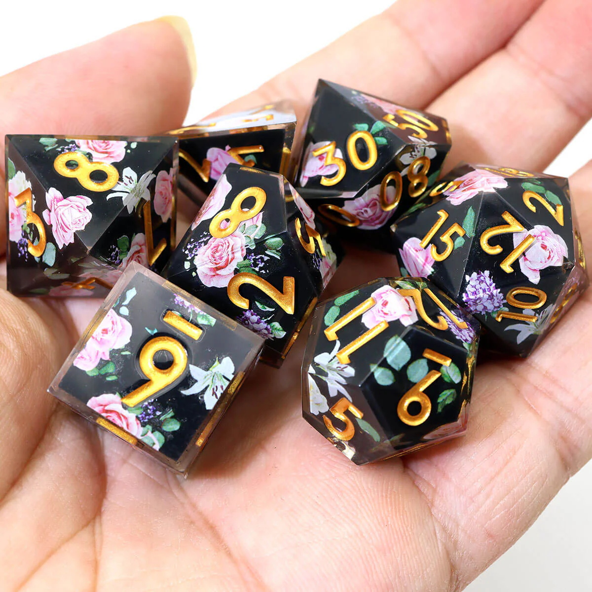 Black Flower 7-Piece Sharp Edge Layered DND Dice Set - Image 3