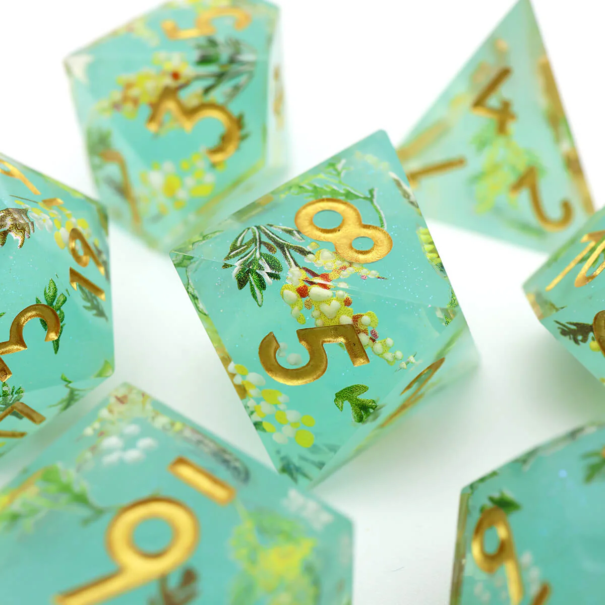 Green Flower 7-Piece Sharp Edge Layered DND Dice Set - Image 10