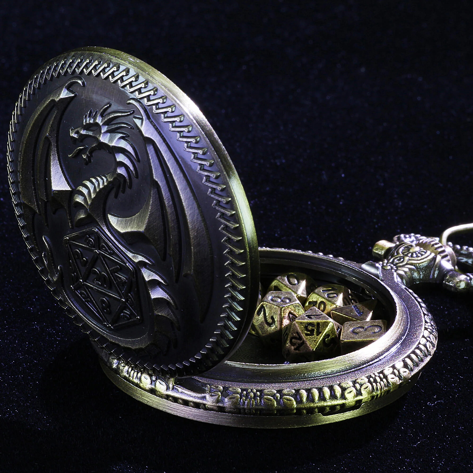Flying Dragon Mini Polyhedral Metal D and D Dice Set with Pocket Watch Shell Case - Image 2