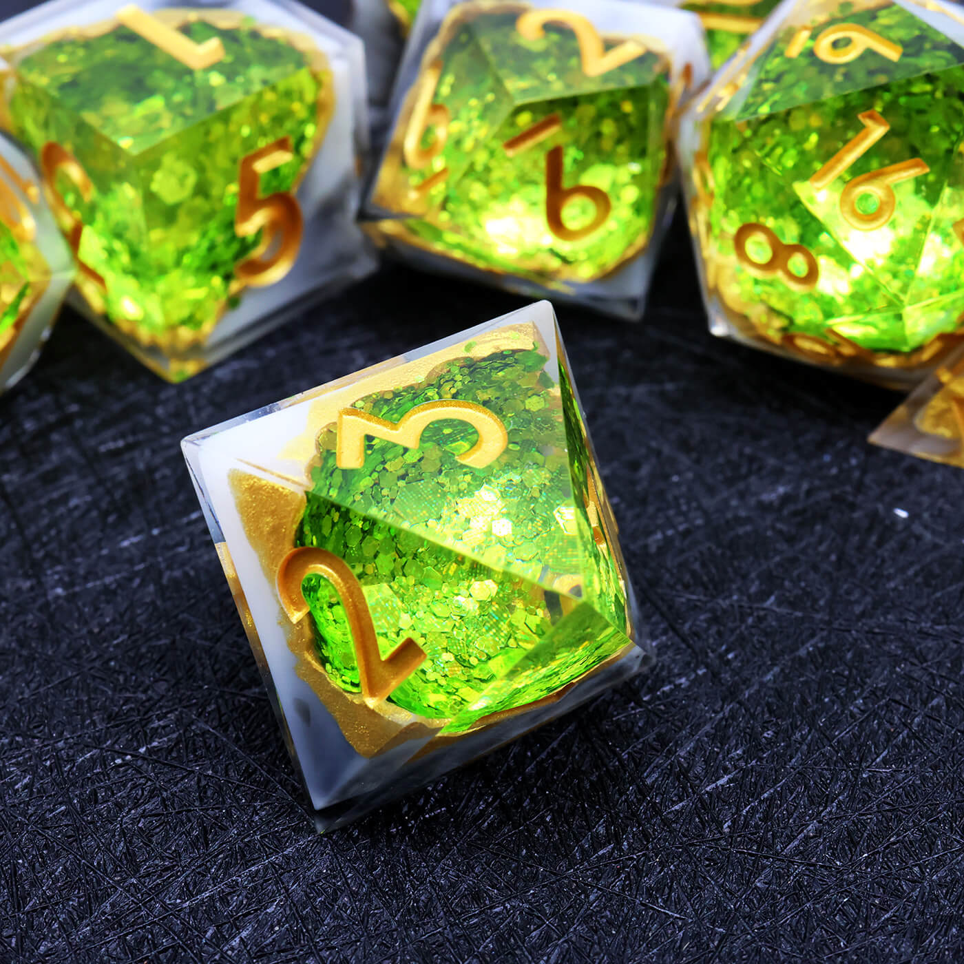 Gaming Resin 7 Mirrorlike Polyhedral D and D Dice Set - Green Geode - Image 4