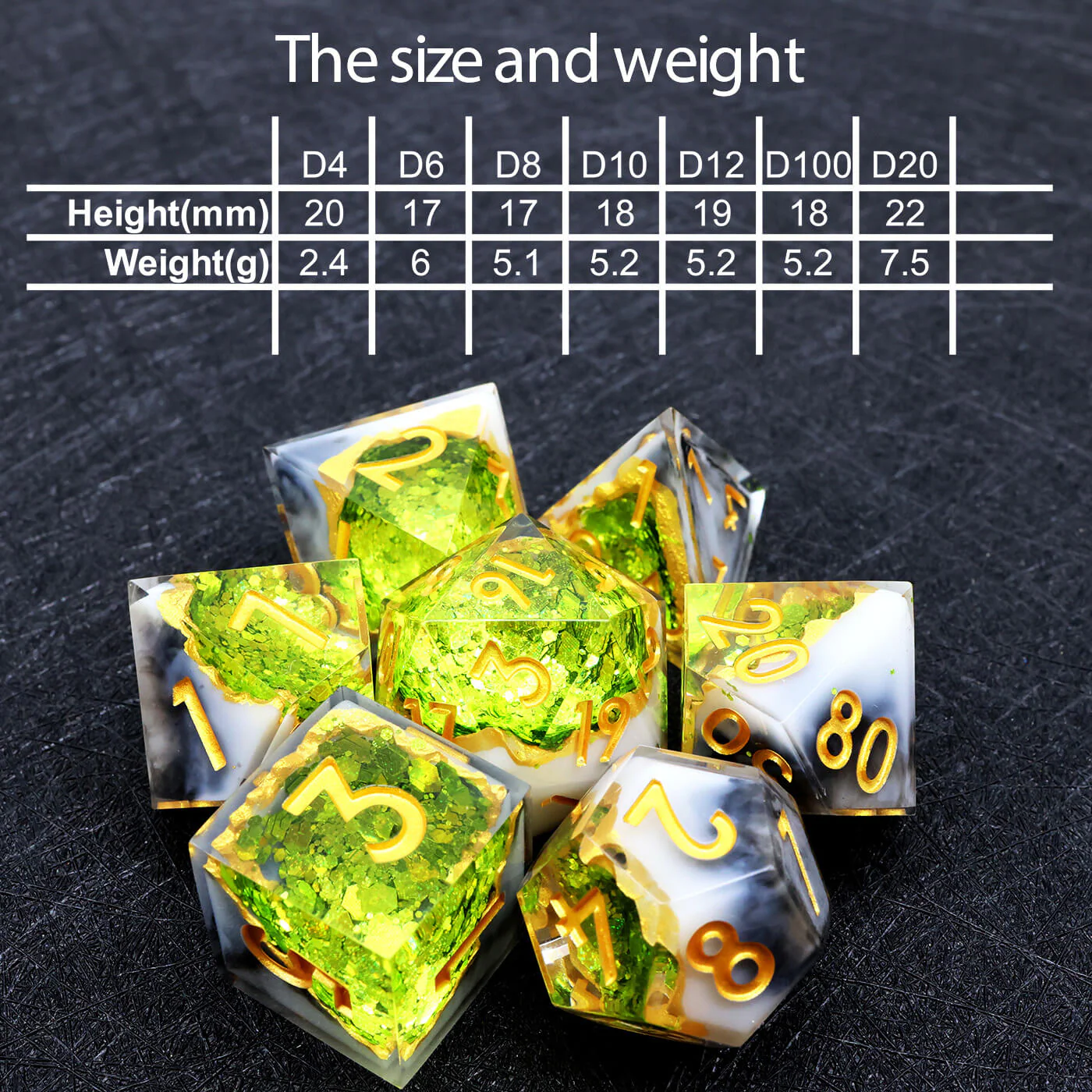 Gaming Resin 7 Mirrorlike Polyhedral D and D Dice Set - Green Geode - Image 9