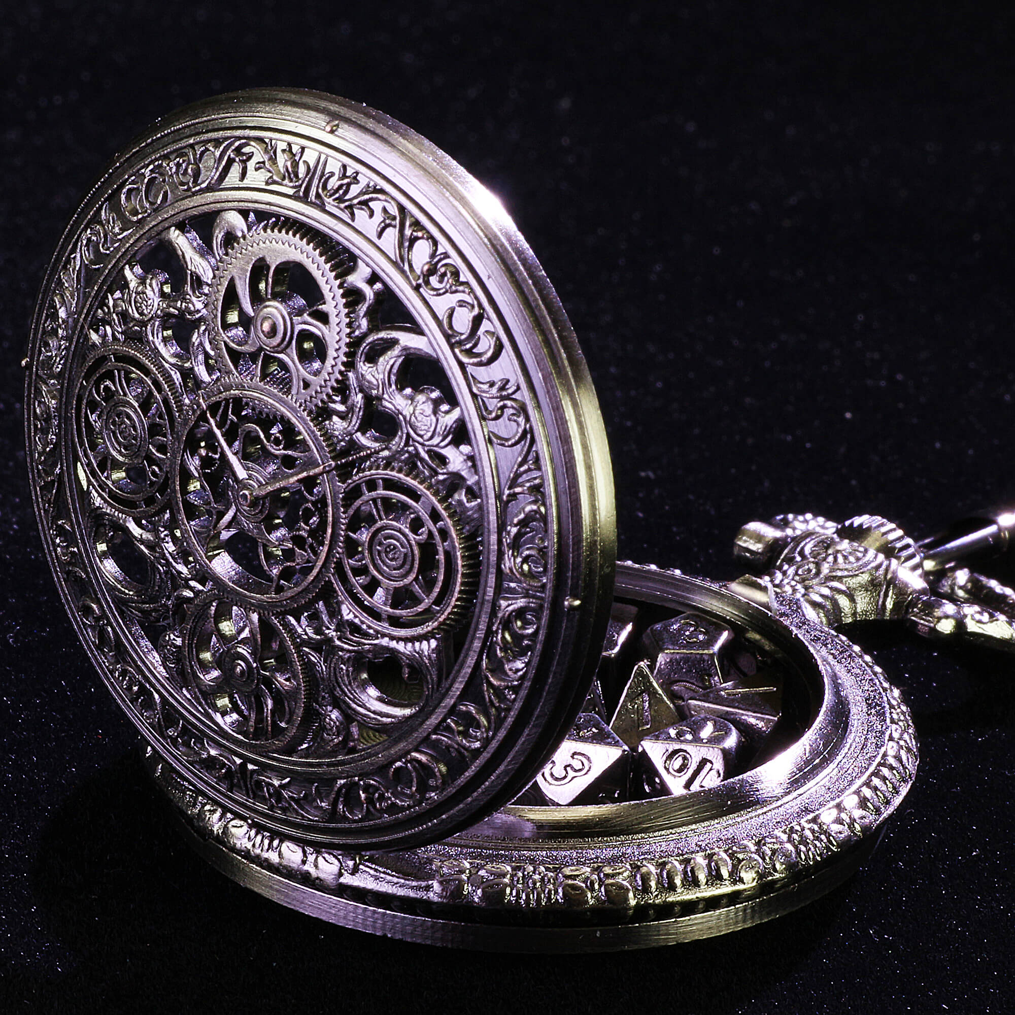 Hollow Gear Mini Polyhedral Metal DnD Dice Sets with Pocket Watch Shell Case - Image 2