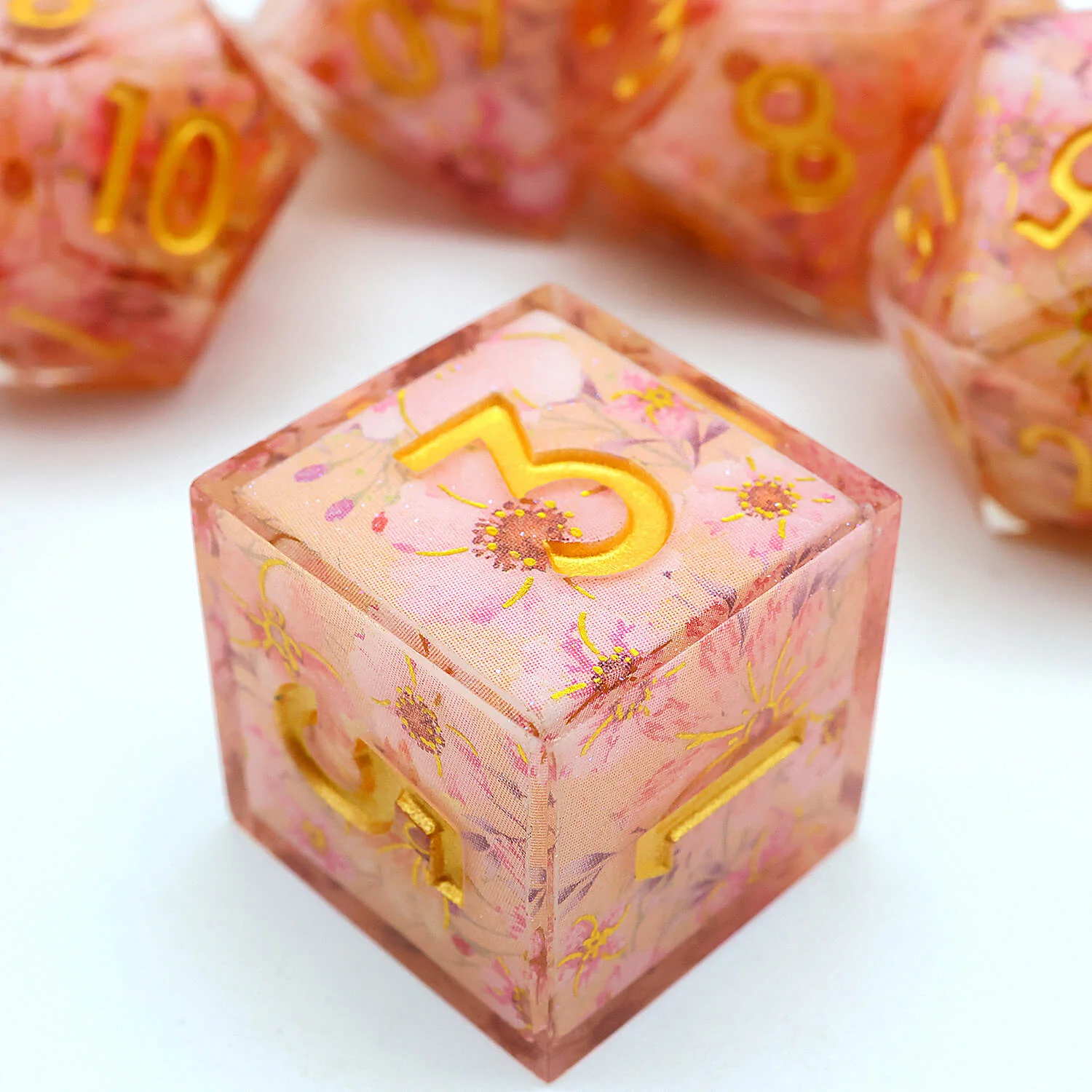 Polyhedral 7 Piece DnD Set Dice Pink Peach Blossom - Image 3