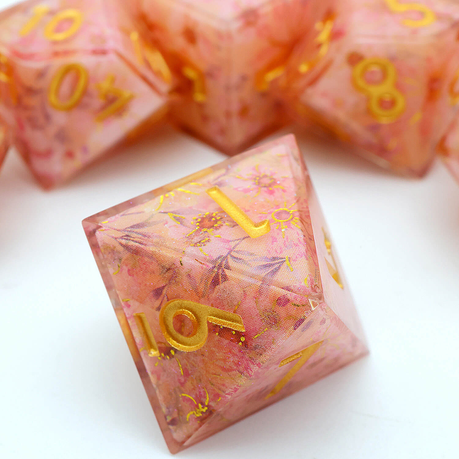 Polyhedral 7 Piece DnD Set Dice Pink Peach Blossom - Image 4
