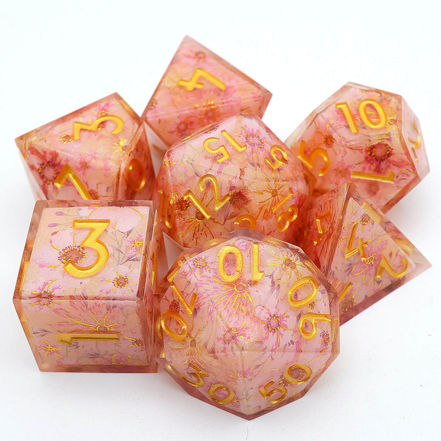 Polyhedral 7 Piece DnD Set Dice Pink Peach Blossom - Image 5
