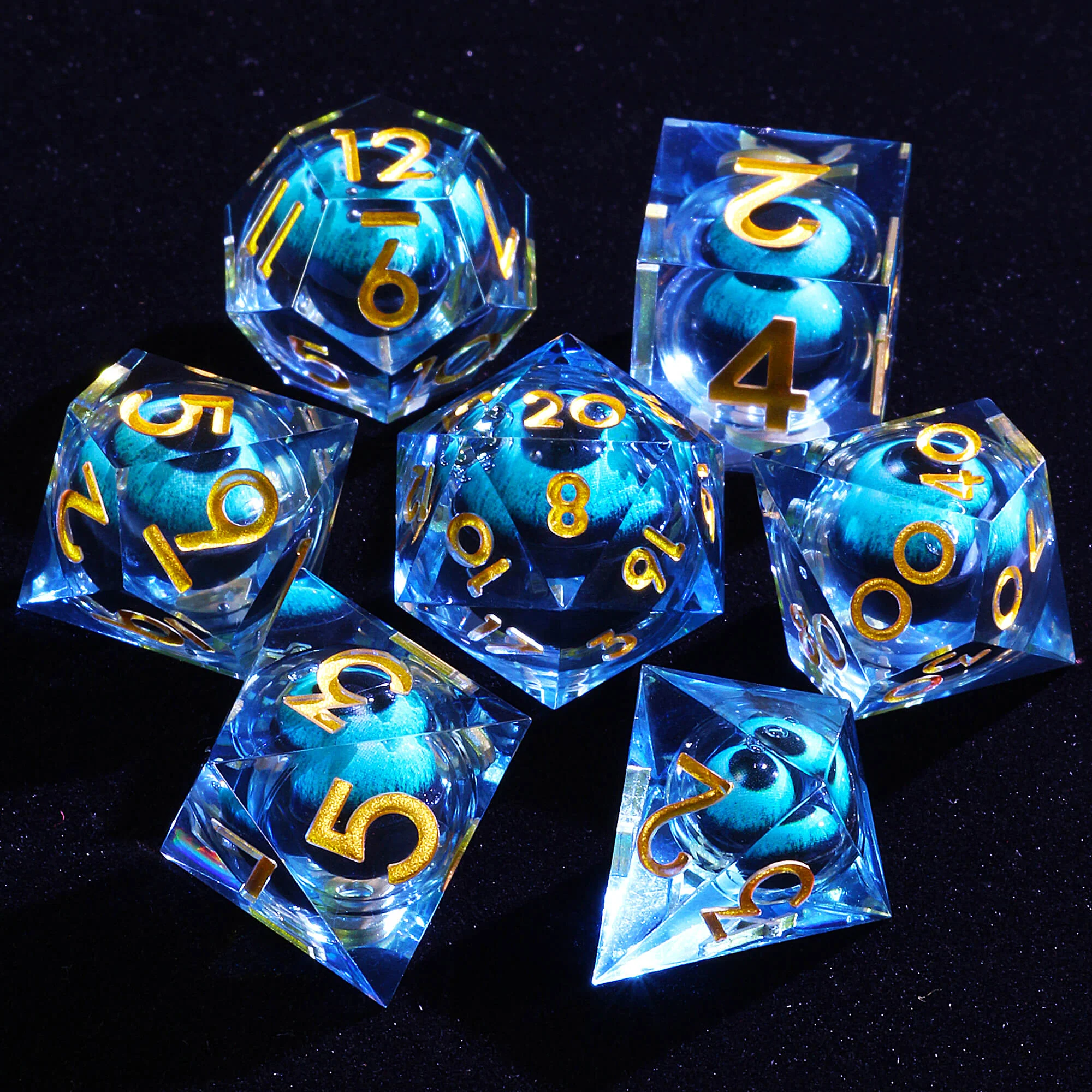 Polyhedral Cool Blue Dragon Eye Liquid Core D and D Dice Sets