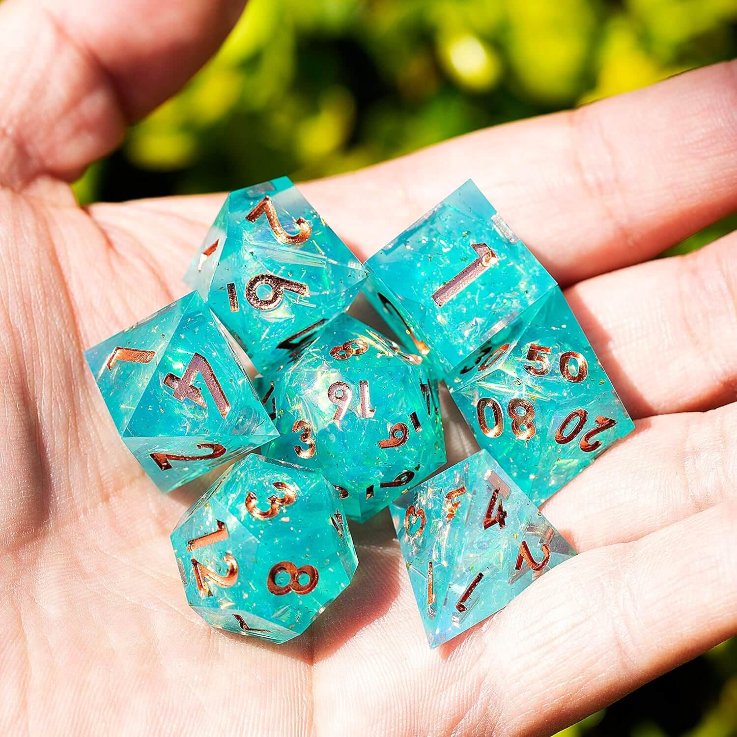 Resin Polyhedral Sharp Edged 7 Gaming DD Dice Set - Green Tea Poison - Image 3