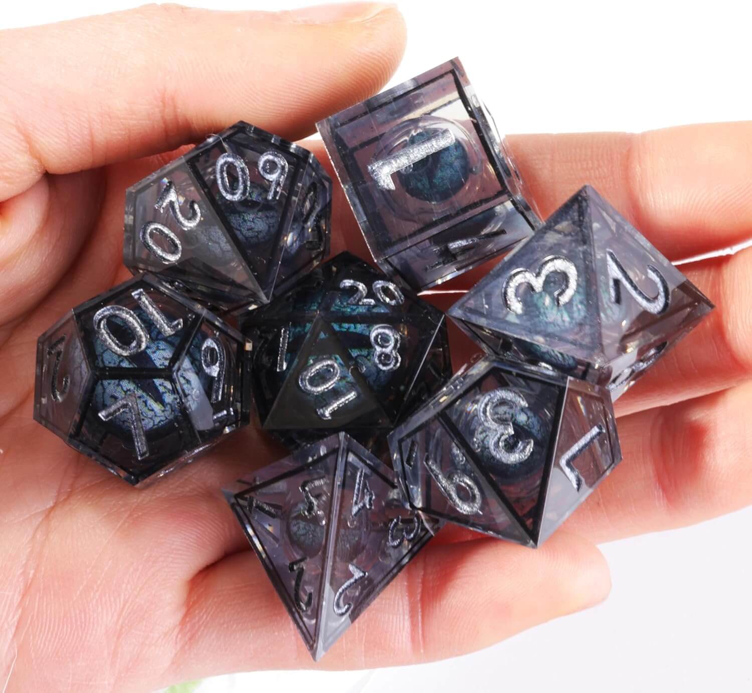 Sharp Edge Black Liquid Core Dragon Eye Polyhedral Resin 7-Piece D&D Dice Set - Image 3
